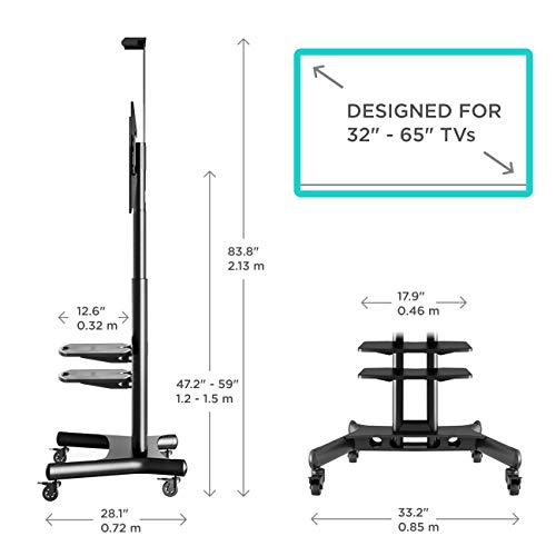 ONKRON Mobile TV Stand TV Cart with Wheels & 2 AV Shelves for 32” – 65 inch LCD LED OLED Flat Panel Plasma Screens up to 100 lbs Black TS1552 - Thumbnail 5