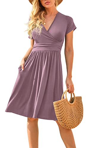 Image of LILBETTER Womens Summer Tunic V Neck Casual Loose Flowy Swing Shift Dresses Mauve Small