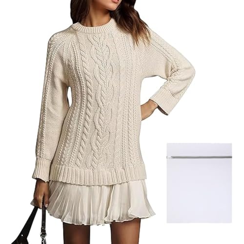 Women Crewneck Cable Knit Sweater Mini Dress, Womens Cableknit Bodycon Long Sleeve Short Dresses with Pleated Skirt