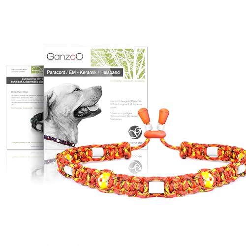 Ganzoo EM Keramik Hunde-Halsband/Paracord 550 Halsband mit Zier-Perlen und EM Tubes/EM Pipes/Größe S 33-42 cm/Dog Collar/verstellbar mit Kordelstopper/Farbe Feuer