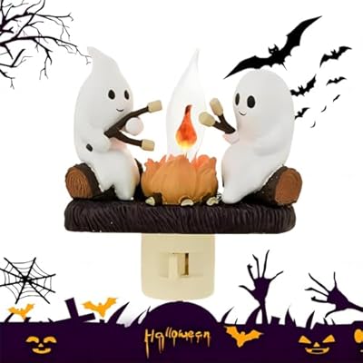 GlowNest Ghosts Campfire Night Light, Wireless Led Plug in Wall Sconces Flicker Flame Figurine Lamps Halloween Decorations Indoor for Family, Party, Room, Kitchen (1pcs)