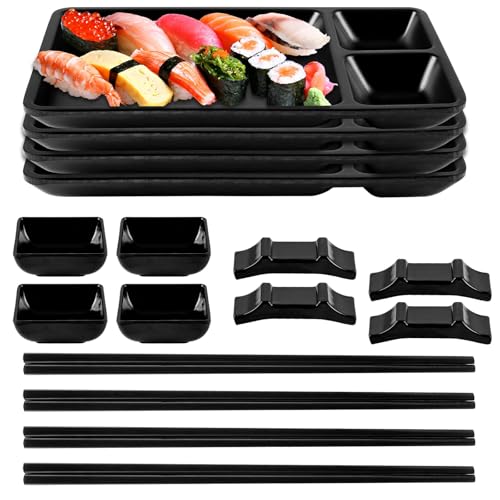 YAYODS Service à Sushi Japonais Noir 16 Pièces - Vaisselle en Mélamine de Qualité Alimentaire Incassable pour 4 Personnes - Kit avec 4 Assiettes, Coupelles et Baguettes - Non Compatible Micro-ondes