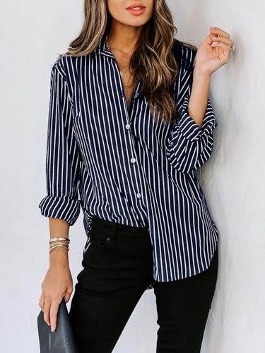Image of siliteelon Striped Button Down Shirts Women Cotton Long Sleeve Work Blouses