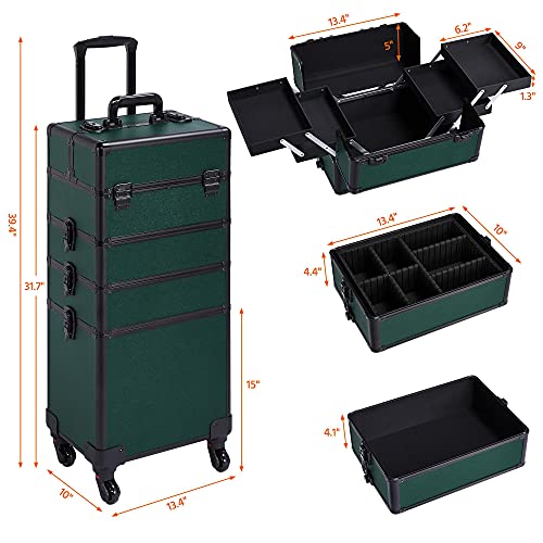 Yaheetech 4 In 1 Aluminum Rolling Makeup Case Professional Cosmetic Case Makeup Train Case Cosmetic Organizer Makeup Trolley Dark Green #TOP2