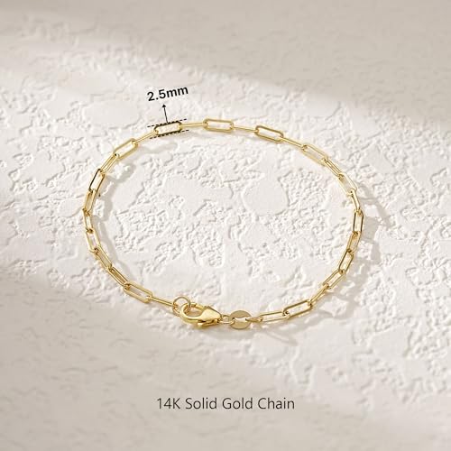 14K Gold Paperclip Bracelets, Real Gold Rectangular Link Chain 2.5mm, 6-7 Inches for Women Men, Hypoallergenic, Non-Tarnish, Dainty Layering Minimalist Jewelry2
