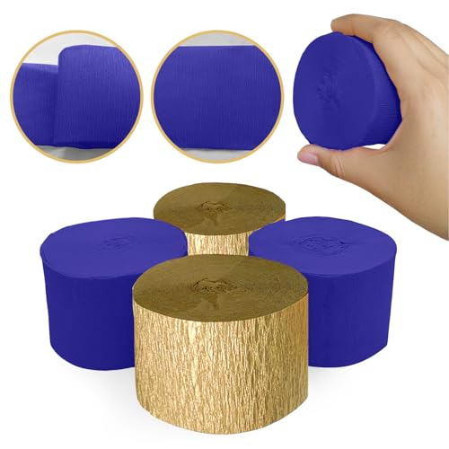Image of 4 Crepe Paper Streamers Rolls, 328ft Pack of Navy Blue and Gold Crepe Paper for Graduation Anniversary Wedding New Year Birthday Party Decorations (1.8 inch x 82 ft /Roll)