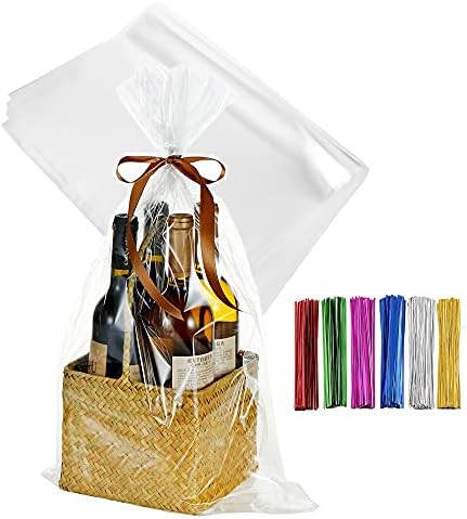 Macoota 100 Pcs 16" x 24" Large Clear Thick Cello Treat Bags Flat Cellophane Bags With 6 Colors Twist Ties Packaging Wrapping Gift Baskets Baby Showers Weddings Presents Cellophane Bags