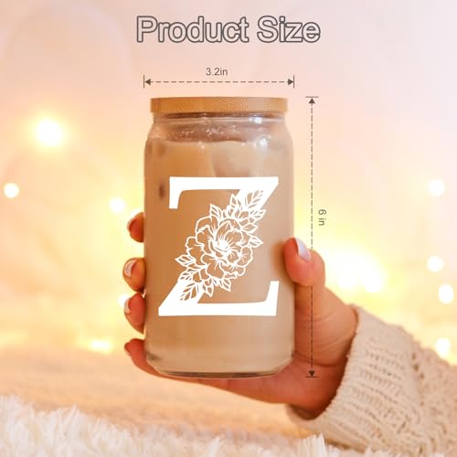 Image of Coolife Initial Glass Cup, Monogrammed Gifts for Women, 16 oz Tumbler w /Lid | Iced Coffee Smoothie Beer Tumbler w /Straw Lid - Personalized Christmas, Birthday Gifts for Woman Her Mom Friend