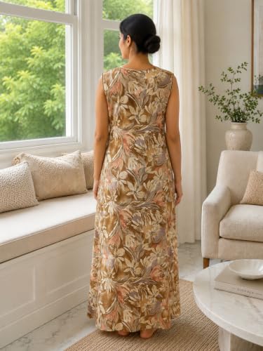 Image of 9shines Label Alpine Sleeveless Nighty | All Over Print Maxi for Women | Night wear for Women | Full Length Night Gown for Women | Night Dress for Women Stylish (Alpine Sleeveless 24)