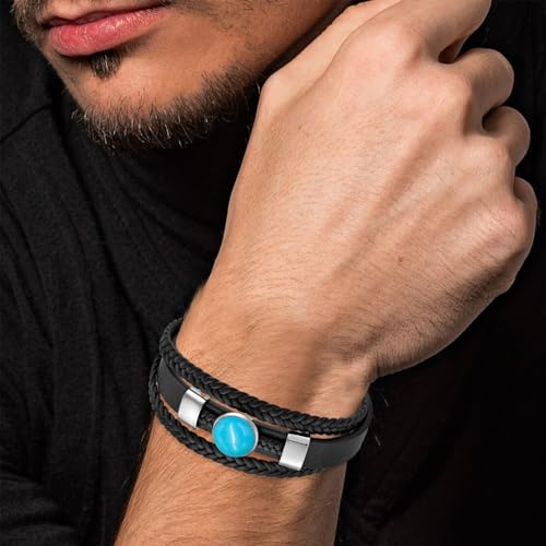 Tiger Eye Black Leather Bracelet for Men Vintage Double Natural Tiger Eye with Stainless Steel Three-Layer Leather Rope Braided Cuff Bracelet4