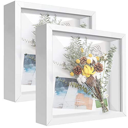 Image of TouYinger 8x8 White Shadow Box Frame Display Case (2 Packs) with Letter Stickers, Display Case Box for Memorabilia, Baby Items, Wedding Memories, Crafts, Tickets and Photos