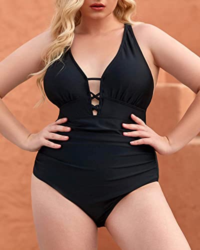 Yonique Women Plus Size One Piece Swimsuit Tummy Control Bathing Suits Lace Up Plunge Swimwear Black Xxl #TOP3