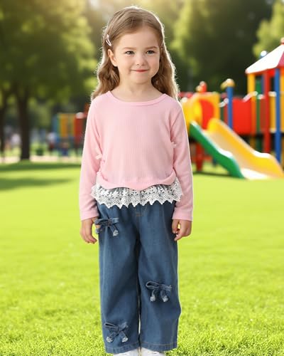 Image of Kucnuzki Toddler Baby Girl Clothes Long sleeve Fall Winter Shirt Tops Baggy Jeans Pants Set Kids Girls Outfits 2 Piece