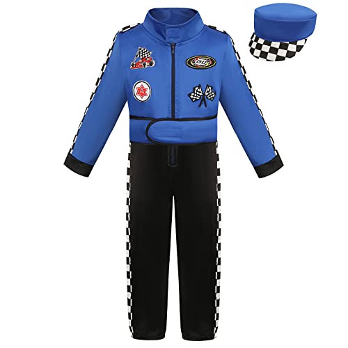 maxToonrain Disfarce de motorista de corrida de luxo para crianças, dramatização, fato de motorista de carro de corrida para Halloween, Natal com chapéu (azul, 5-6 anos)