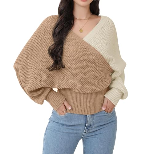 Image of Women's Wrap V Neck Knit Sweaters Batwing Long Sleeve Cross Front Drop Shoulder Fall Pullover Tops
