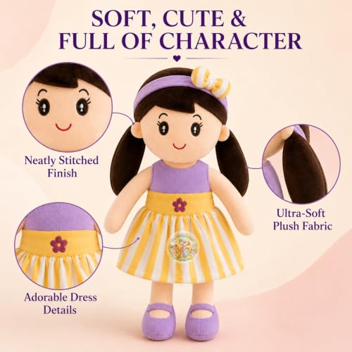 Image of Cute Doll 45 cm for Kids, Soft Plush Doll with Stylish Dress, Huggable Stuffed Toy for Girls and Boys, Birthday Gift, Room Decor, Pretend Play & Purple Soft Toy