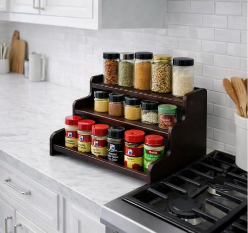 Image of Wooden Kitchen Rack 3 Tier Kitchen Organizer Brown Rack for Countertop Wood Kitchen Pantry Cabinet Organizer (DIY) Brown A (Brown A)