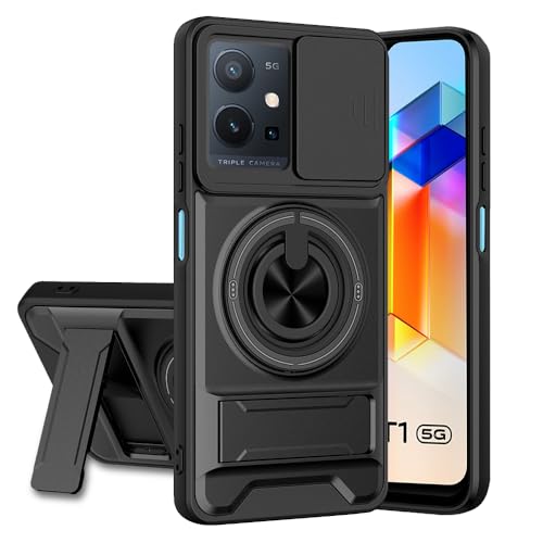 Image of Vivo T1 5G / Y75 5G / iQOO Z6 5G Back Cover | Armor Camera Slider 360 Degree Rotating Finger Ring Holder Case with Bracket Stand Back Case Cover (Compatible with MagSafe Accessories) (Black)