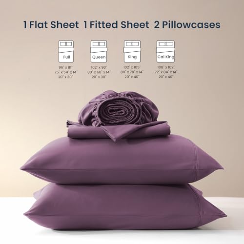 SLEEP ZONE Nanotex Super Soft Cooling Queen Bed Sheets Set 4 Piece - Easy Care Fitted Flat Sheet & Pillowcase Sets - Wrinkle Free, Fade Resistant, Deep Pocket 16" (Purple, Queen)