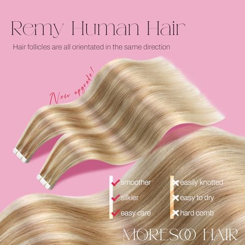Image of Moresoo Tape Hair Extensions Brown Blonde Highlights 24in 20Pcs 50g | Tape extensions human hair, long straight strands, blended highlights, flat tabs for braids, photo shoots and evenings