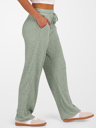 ANRABESS Women Ribbed Knit Pajama Pants with Pockets, Light Green, S — view 4