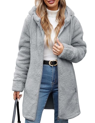 RITOSTA Women's Long Hoodies Zip Up Fleece Lined Jacket Thermal Lounge Wear Ladies Autumn Winter Coat Sweatshirt Longline Pullover Warm Cardigans Outwear with Hooded Pockets for Outdoor (Grey,XXL)