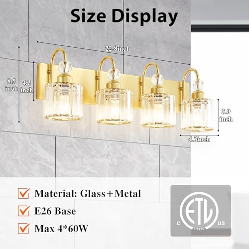 Image of Bathroom Vanity Light Fixtures Over Mirror - Makeup Lighting Pure Gold - for Modern Wall, Bath, Desk, Farmhouse, Hallway - 4 Crystal Lights