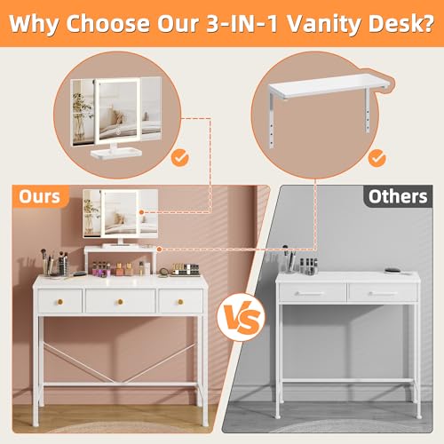 Image of HIGDBFE Small Makeup Vanity Desk 35''W with Mirror and Lights, 3 Drawers | USB Lighted Mirror, Height-Adjustable Stand, Fabric Drawers, Girls /Kids Gifts, Bedroom, Small Space, Dorm, White