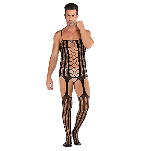 Sheer Lace Lingerie Bodysuit For Men See Through Pantyhose Tights Bodysuits Sissy Leotard Singlet One Piece Nightwear (Black20,One Size)