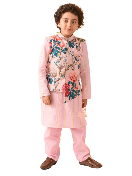 Pspeaches Boys Floral Printed Pure Cotton Kurta With Pyjamas Jacket