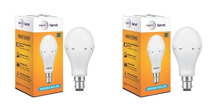 Wipro Garnet 15w LED Emergency Bulb Cool Day White (6500K) B22 LED Bulb Base Inverter Bulb for home, with 4 Hours battery back up Li-ion Battery Over charging Protection Pack of 2