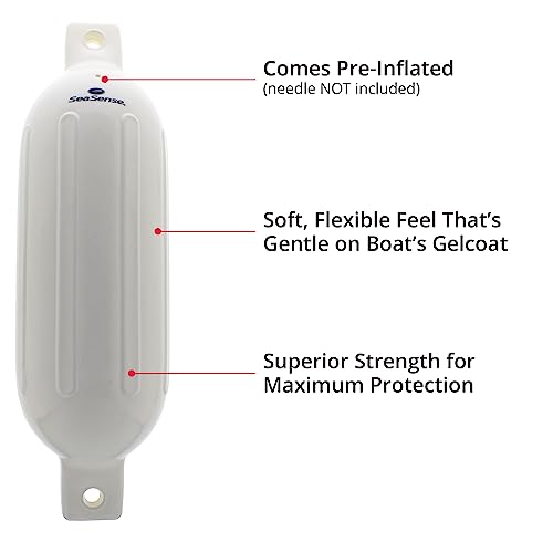 Seasense Wake Defender Inflatable Fenders - Set Of 4, Premium-Grade Boat Fenders & Buoys For Docking - Ribbed Design, Made With Uv-Resistant Marine-Grade Vinyl - 6.5"X23", White #TOP3
