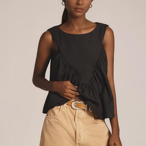 Hixiaohe Shirred Swing Tank Tops for Women Fashion Flowy Sleeveless Shirts Casual Crew Neck Blouse Loose Fit Ruffled Tops2