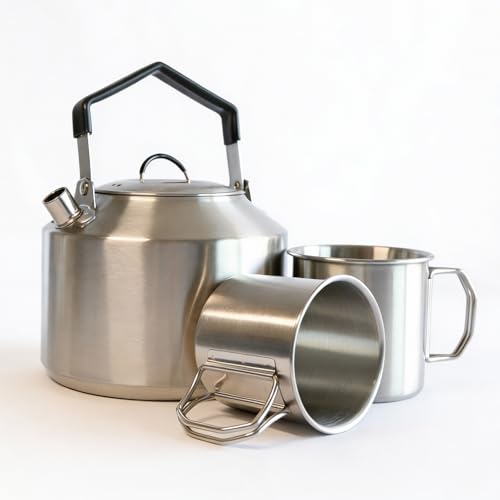 JouiiSiYa Camping Kettle & 2 Cups Stainless Steel Camp Kettle Lightweight Tea Pot for Open Fire Portable with Carrying Bag (1.5L/1.6Qt)