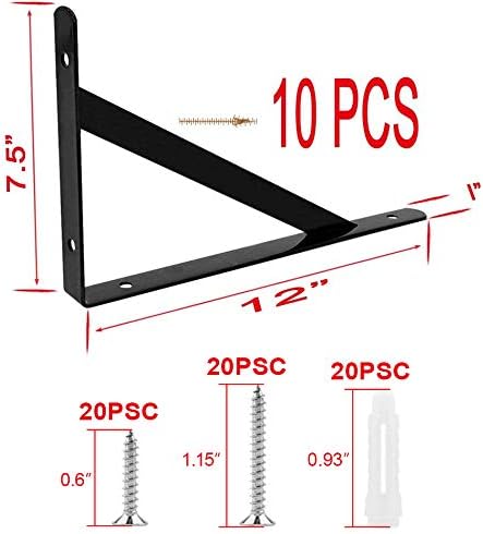 TLBTEK 10pcs 12inch L Shelf Brackets,Floating Wall Angle Corner Shelf Bracket Heavy Duty Hanging with Screws,Triangle Rustic Cabinet Bathroom Shelf Support Bracket (Black)