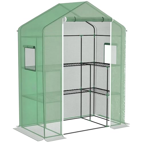 Outsunny Serre de Jardin PE avec étagères 3 Niveaux, Serre de Balcon, bâche renforcée 135 g/m², châssis en Acier, Porte zippée Enroulable, pour légumes...