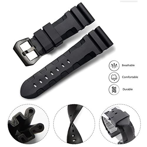 Nice Pies Men's Soft Silicone Watch Band Military Strong Rubber Replacement Watch Strap With Stainless Steel Wide Buckle Waterproof Sport Strap Black 24Mm 26Mm（Black Buckle 24Mm） #TOP3