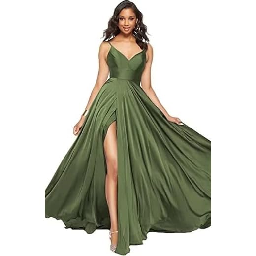 UMLXYER Vestido feminino de madrinha de casamento longo de cetim com decote em V e bolso, Verde (Tea), 19