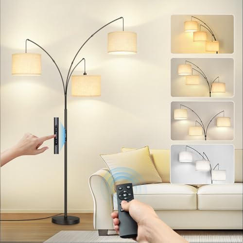 GOOGO Lampadaire sur Pied Salon, Lampe sur Pied Arc à 3 Lumières avec 4 Températures de Couleur et Luminosité Réglable, Lampadaire Moderne avec Interrupteur Tactile, Application et Télécommande