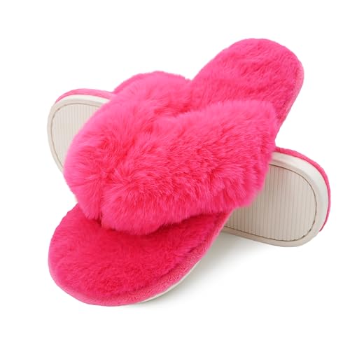 Onmygogo Plush Indoor Flip Flop Thong Slippers for Women Open Toe, Fuzzy Faux Fur Spa House Slippers