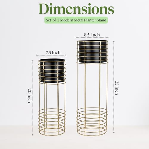 Image of Metal Floor Planter with Stands (Set of 2), Modern Tall Planter for Home Decor, Decorative Plantpot for Living Room Balcony Office, Big Plant Stand with Pots (Plants not Included) (Black Pot & Gold Stand)