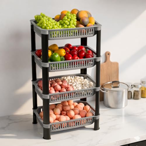Image of Plastic Kitchen Rack, Multipurpose Vegetable & Fruit Storage Basket Organizer for Home, Pantry & Kitchen - Strong & Easy to Assemble (4 Layer, Silver)