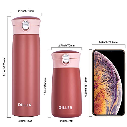 Diller Thermal Water Bottle, Coffee Travel Mug 16 Or 8 Oz Kids Mini Water Bottle Tumbler With Spout Lid, Leak Proof Flask For Kids And Women Keep 12H Piping Hot & 24H Cold (Pink, 8 Oz) #TOP6
