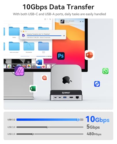 MiniDock 10Gbps e Supporto per Mac Mini M4, con Capacità di Archiviazione di 1TB, fino a 1000MB/s, 9 Porte con USB A/C 3.2, HDMI 4K, RJ45, PD 100W, SD/TF 3.0, 2 USB 3.0 - Hub USB - Immagine 5