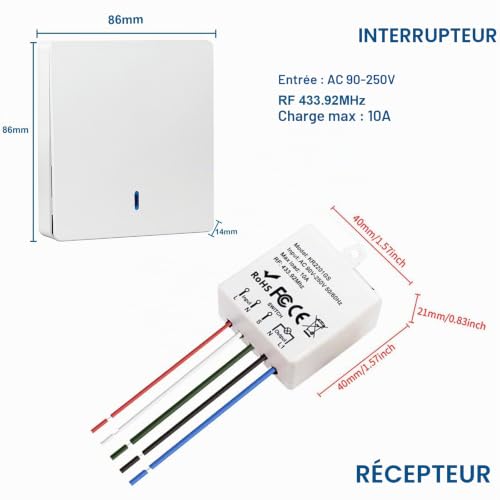 Interrupteur d'éclairage sans fil, émetteur radio mural 433Mhz et contrôleur récepteur RF à relais 10A, Installation facile pour lampes jusqu'à 1500W, 220V Kit de bricolage interrupteurs de sécurité – vue 9