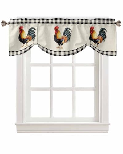 Tie Up Valances for Windows, Farm Rooster Kitchen Curtains Valance Window Shade, Farmhouse Animals Rustic Black White Plaid Rod Pocket Window Treatment Tiers Curtains for Living Room/Bedroom 60"x18"