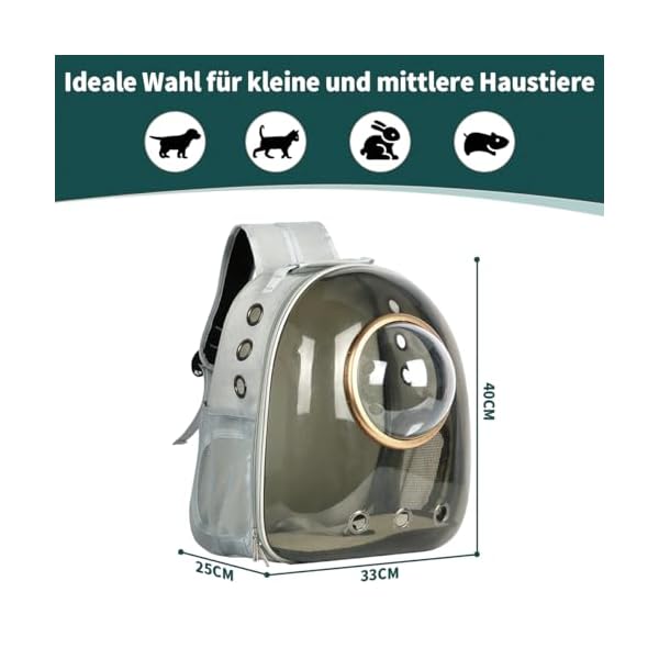 Katzenrucksack Haustier Raumkapsel, Katzen Hunde Rucksack Transparent Atmungsaktive Katzentransportbox, Haustiere Katzen Transporttasche für Wandern und Camping (grau) – Bild 3