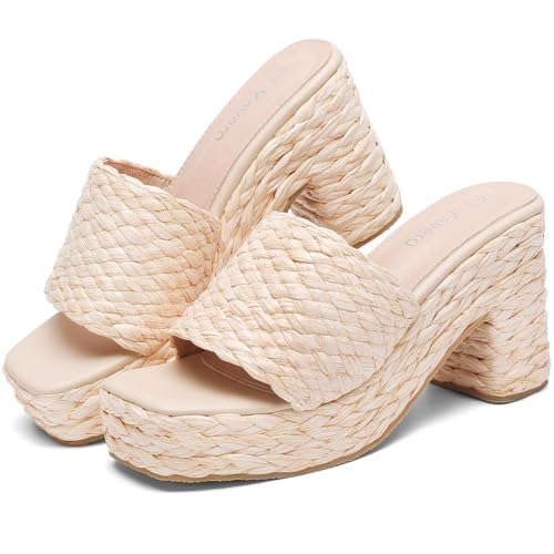Image of Yavero Straw Chunky Heels Open Toe Bohemia Sandals for Vacation
