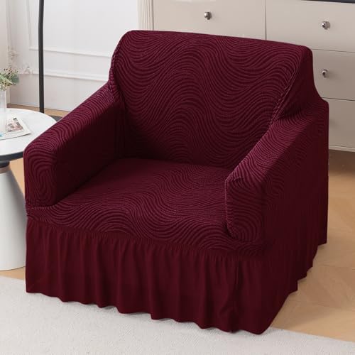 Image of HOKIPO 240 GSM Premium Jacquard Fully Covered Stretchable Sofa Cover for 1 Seater, 'Serene Wave Series' Wine (AR-6352-WINE)