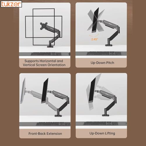 Image of Tukzer Single Gas Spring Monitor Arm, Computer Screen Monitors Stand /Desk Mount (13 inch-32 inch) with C-Clamp & Grommet Mounting Base,Full Motion Tilt /Swivel /Rotation /Aluminium Build,VESA 75x75 & 100x100 mm
